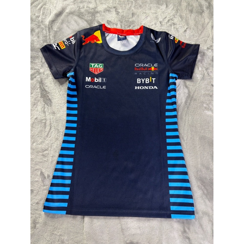 Castore T-Shirt Mens S Navy Blue Striped Crew Neck Synthetic Performance